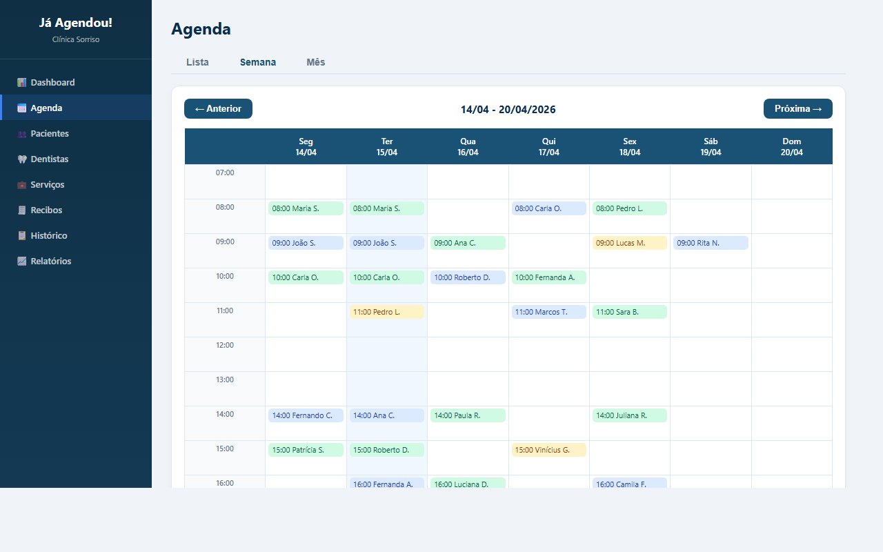 Agenda semanal com visão de horários e cards coloridos